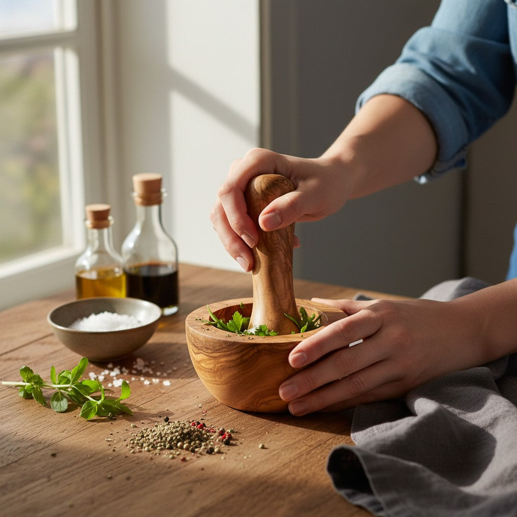 Artisan Olive Wood Mortar and Pestle Set – Hand-Carved Natural Spice Grinder & Herb Crusher – Rustic Kitchen Essential (Sizes 8cm to 16cm)