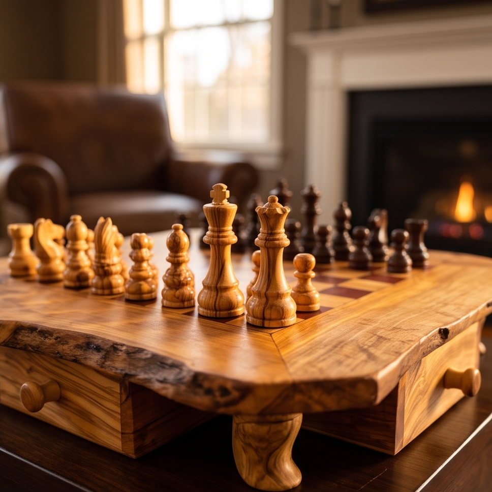 Handcrafted Olive Wood Chess Set with Drawer | Live Edge Red or Black ...