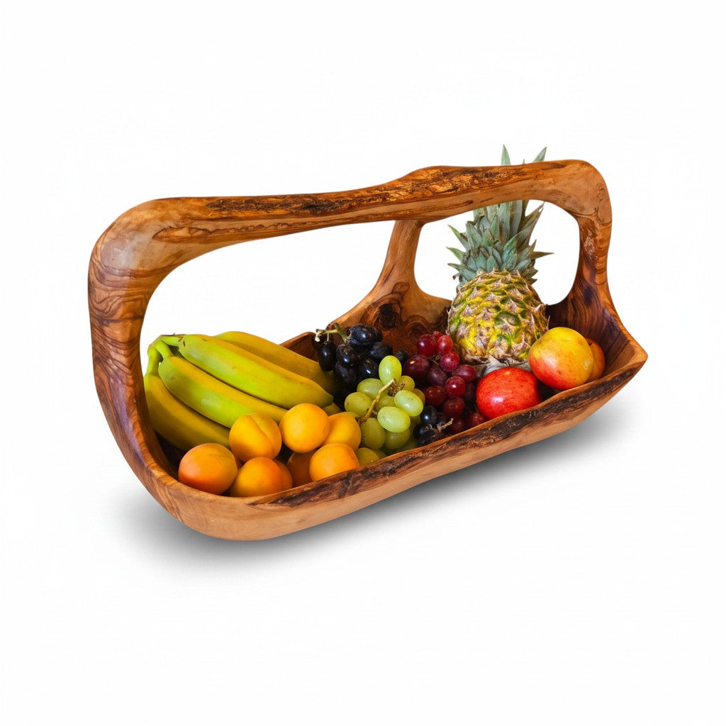 Artisan Olive Wood Fruit Basket with Integrated Handle – Hand-Carved Rustic Serving Caddy – Natural Wood Centerpiece (Sizes 15cm to 35cm+)