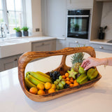 Artisan Olive Wood Fruit Basket with Integrated Handle – Hand-Carved Rustic Serving Caddy – Natural Wood Centerpiece (Sizes 15cm to 35cm+)