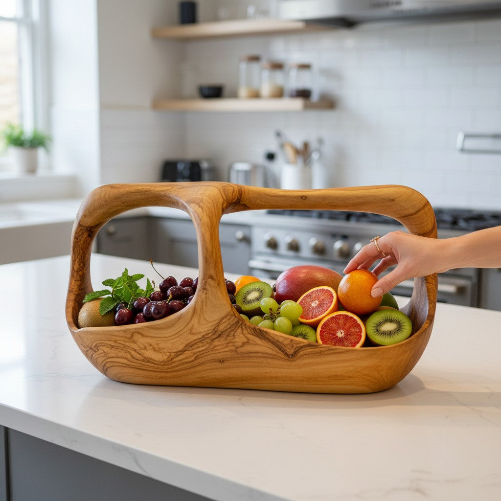 Artisan Olive Wood Fruit Basket with Integrated Handle – Hand-Carved Rustic Serving Caddy – Natural Wood Centerpiece (Sizes 15cm to 35cm+)