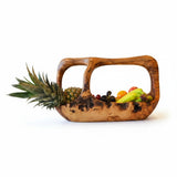 Artisan Olive Wood Fruit Basket with Integrated Handle – Hand-Carved Rustic Serving Caddy – Natural Wood Centerpiece (Sizes 15cm to 35cm+)