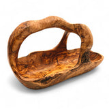 Artisan Olive Wood Fruit Basket with Integrated Handle – Hand-Carved Rustic Serving Caddy – Natural Wood Centerpiece (Sizes 15cm to 35cm+)
