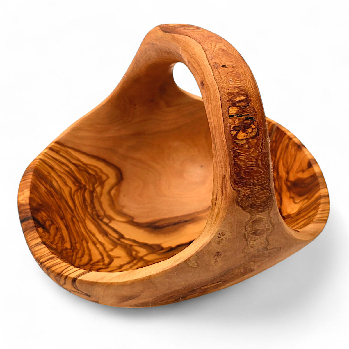 Artisan Olive Wood Fruit Basket with Integrated Handle – Hand-Carved Rustic Serving Caddy – Natural Wood Centerpiece (Sizes 15cm to 35cm+)