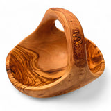 Artisan Olive Wood Fruit Basket with Integrated Handle – Hand-Carved Rustic Serving Caddy – Natural Wood Centerpiece (Sizes 15cm to 35cm+)