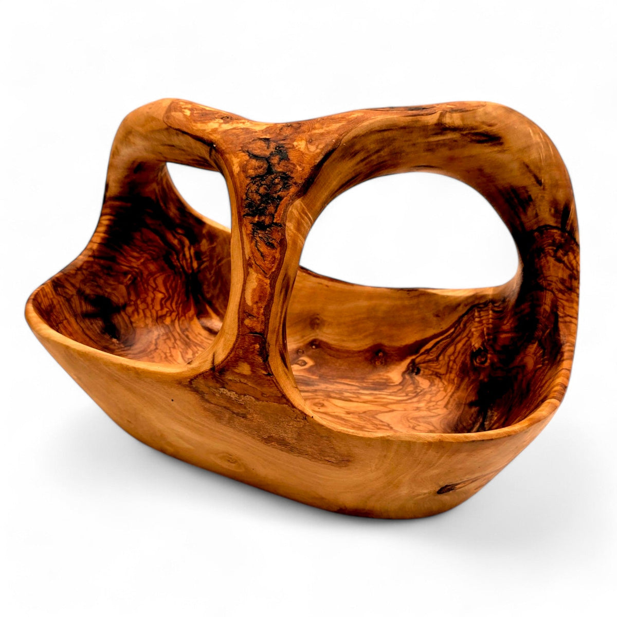 Artisan Olive Wood Fruit Basket with Integrated Handle – Hand-Carved Rustic Serving Caddy – Natural Wood Centerpiece (Sizes 15cm to 35cm+)