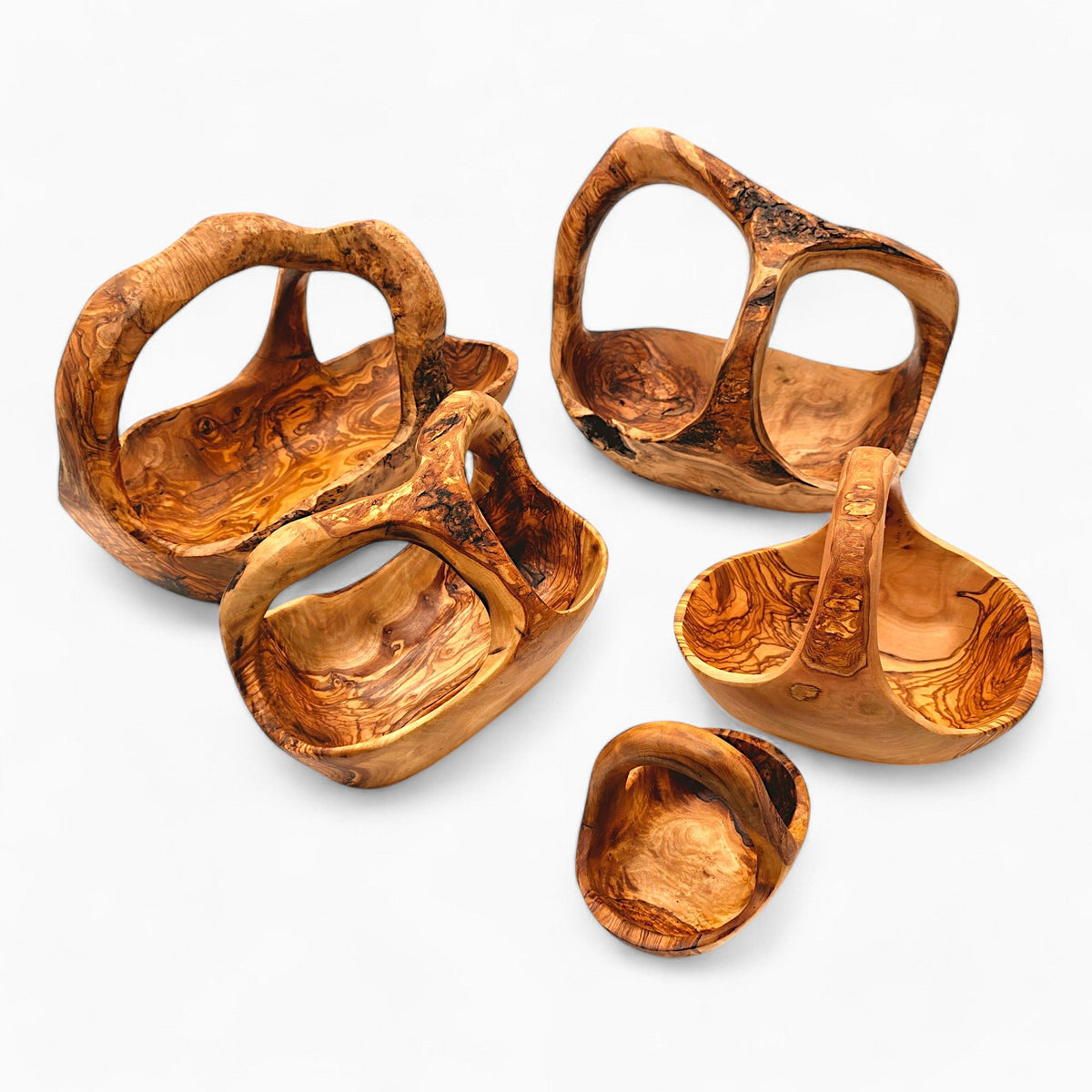Artisan Olive Wood Fruit Basket with Integrated Handle – Hand-Carved Rustic Serving Caddy – Natural Wood Centerpiece (Sizes 15cm to 35cm+)