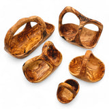 Artisan Olive Wood Fruit Basket with Integrated Handle – Hand-Carved Rustic Serving Caddy – Natural Wood Centerpiece (Sizes 15cm to 35cm+)