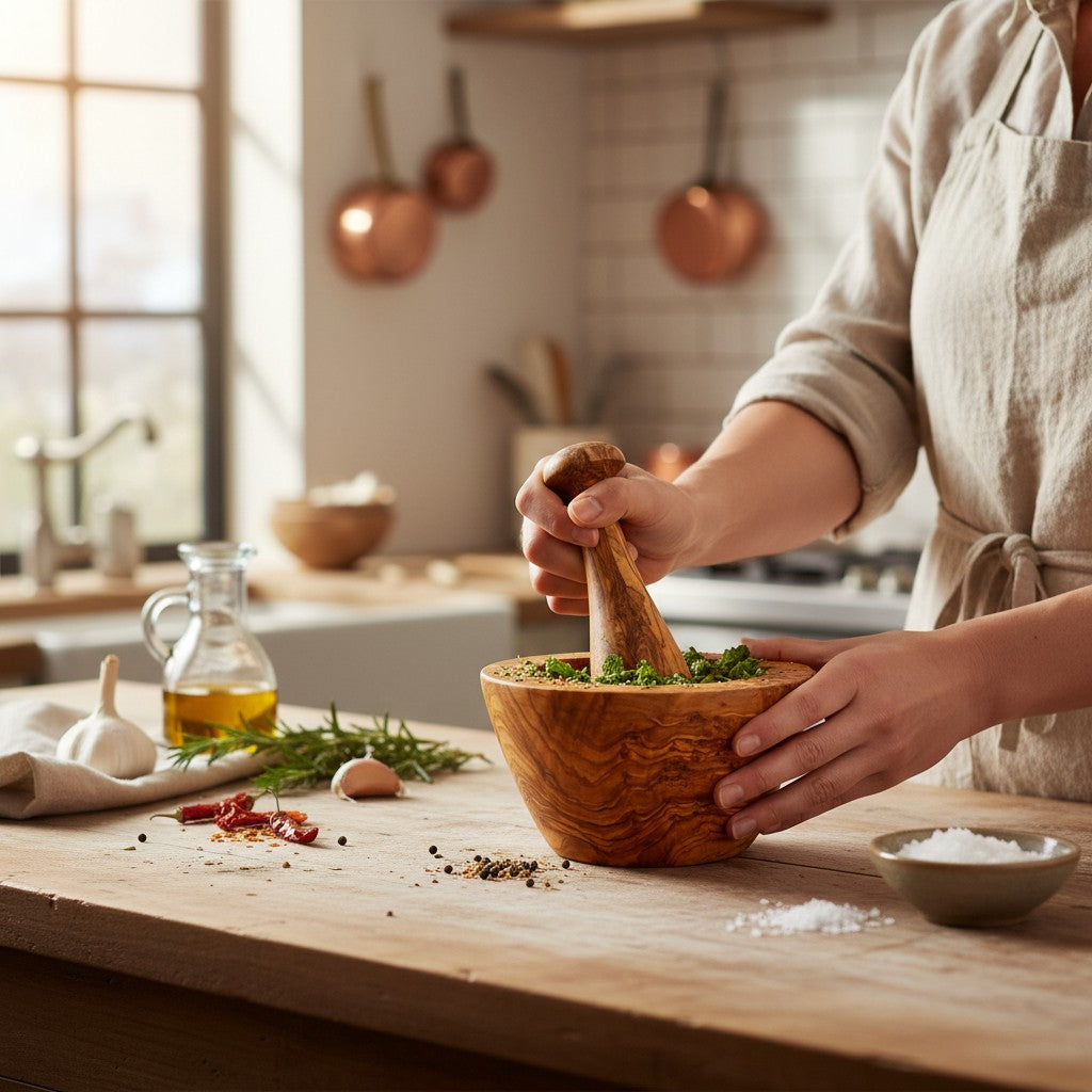 Artisan Olive Wood Mortar and Pestle Set – Hand-Carved Natural Spice Grinder & Herb Crusher – Rustic Kitchen Essential (Sizes 8cm to 16cm)