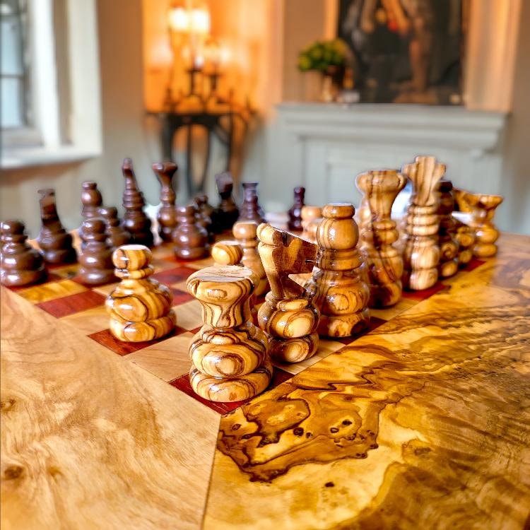 Handcrafted Olive Wood Chess Set with Drawer | Live Edge Red or Black ...