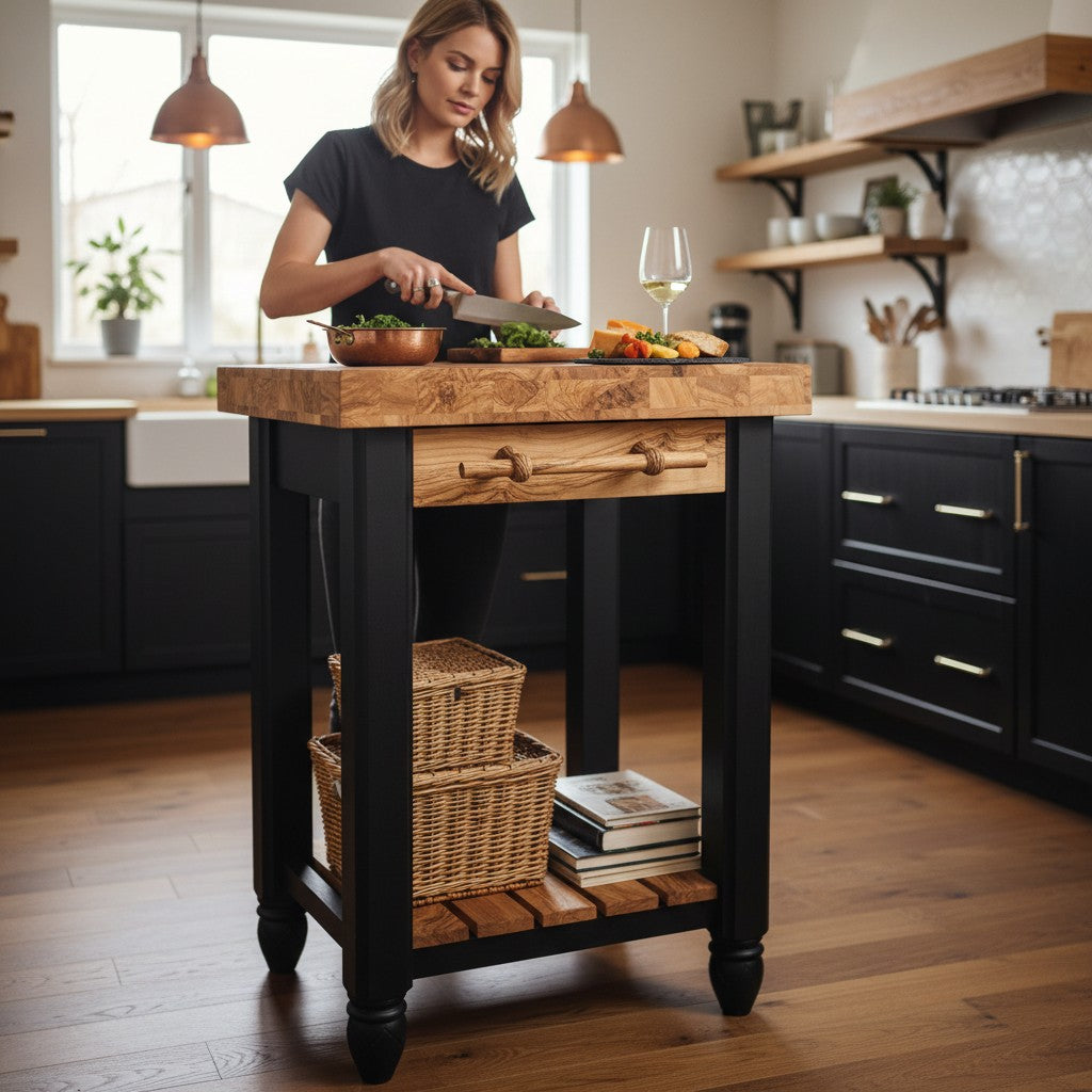 Compact Olive Wood Kitchen Island Cart - Small Butcher Block Prep Table 60cm